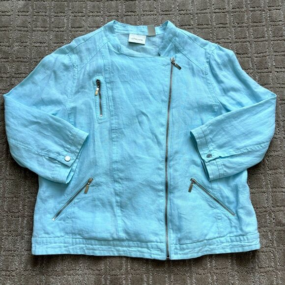 Chico's Linen Moto Jacket Women's 2 / Large Light Blue Coastal Vacation Summer - Picture 1 of 9